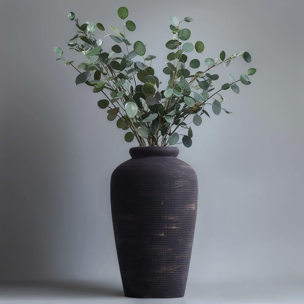 Große schwarze Keramikvase, 27,9 cm hoch, rustikale Bauernhaus-Vase, Vintage, dekorative Terrakotta-Vase für Esstisch, Regal, Schlafzimmer, Wohnzimmer, Küche, Büro, Badezimmer, Kaminsims, Tafelaufsatz
