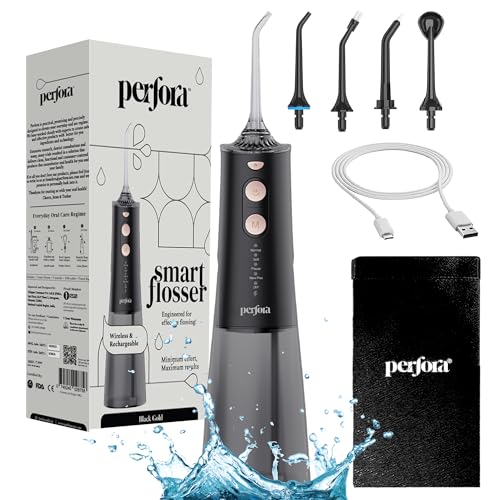 Image of Perfora Smart Water Dental Flosser - 300ml | 2 Year Warranty | 5 Water Pressure Settings & 5 Nozzles, 1500mAh Battery | Rechargeable Dental Floss for Teeth Oral Care, IPX7 Waterproof (Black Gold)
