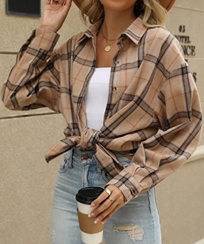 Image of CHYRII Womens Button Down Flannel Shirts Long Sleeve Plaid Shackets Business Casual Blouse Top