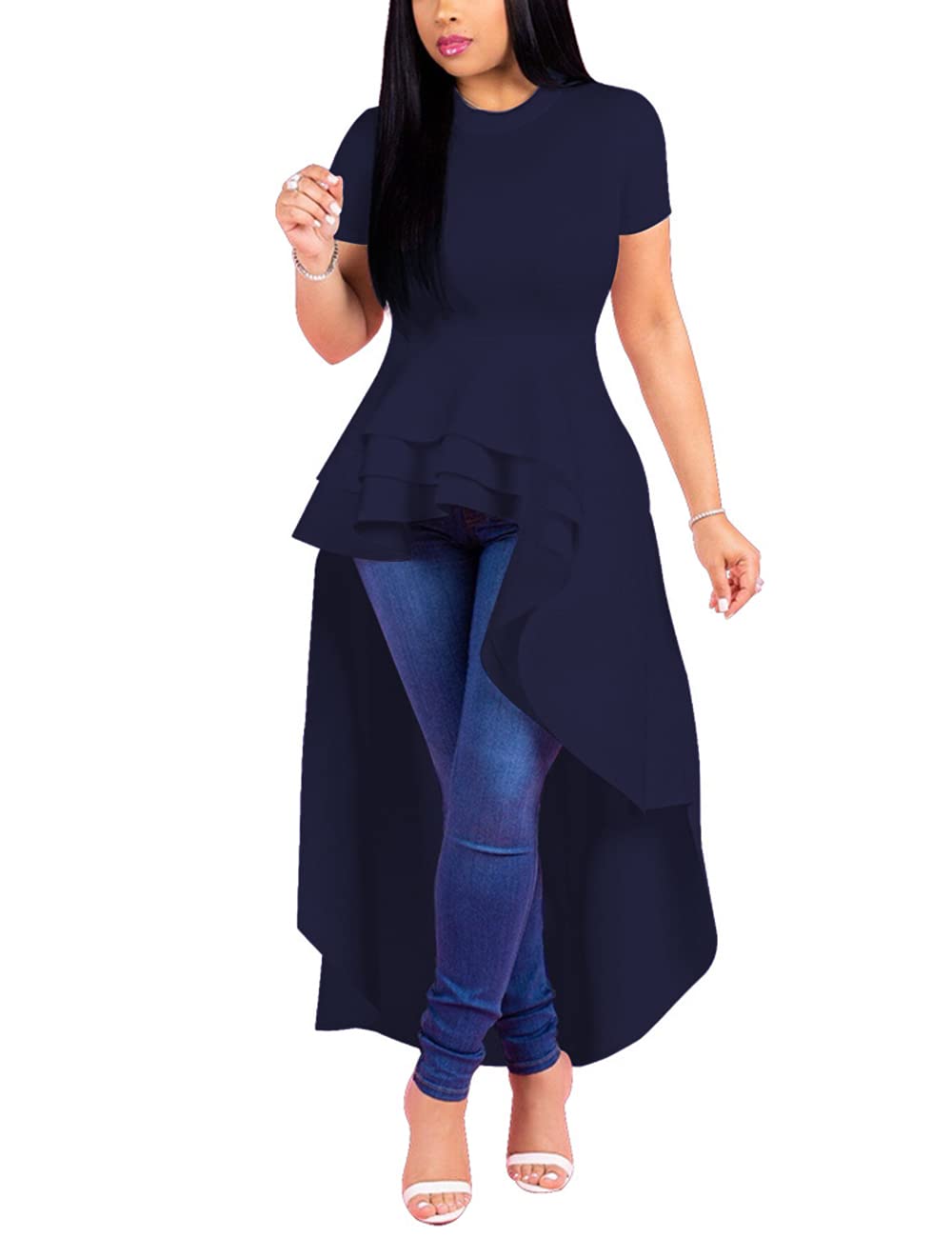 Lrady Womens Casual Shirt Dress High Low Irregular Hem Ruched Blouse Asymmetrical Peplum Long Tunic Tops
