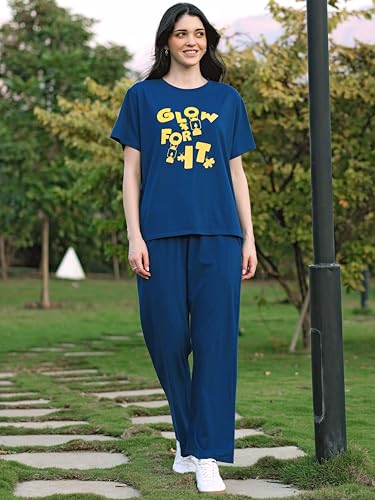 Image of ZEYO Night Suit for Women's Typography Printed Cotton Night Dress of Top and Wide Bottom Pyjama