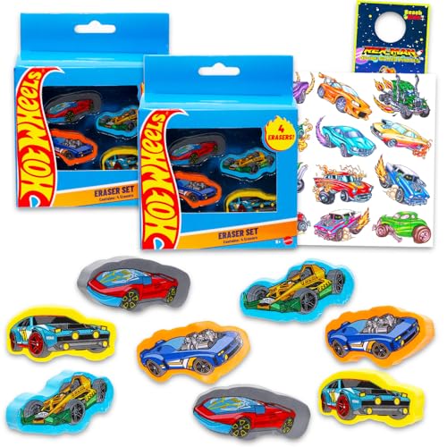 Gommes Hot Wheels pour enfants lot de 8 avec tatouages pour la rentrée