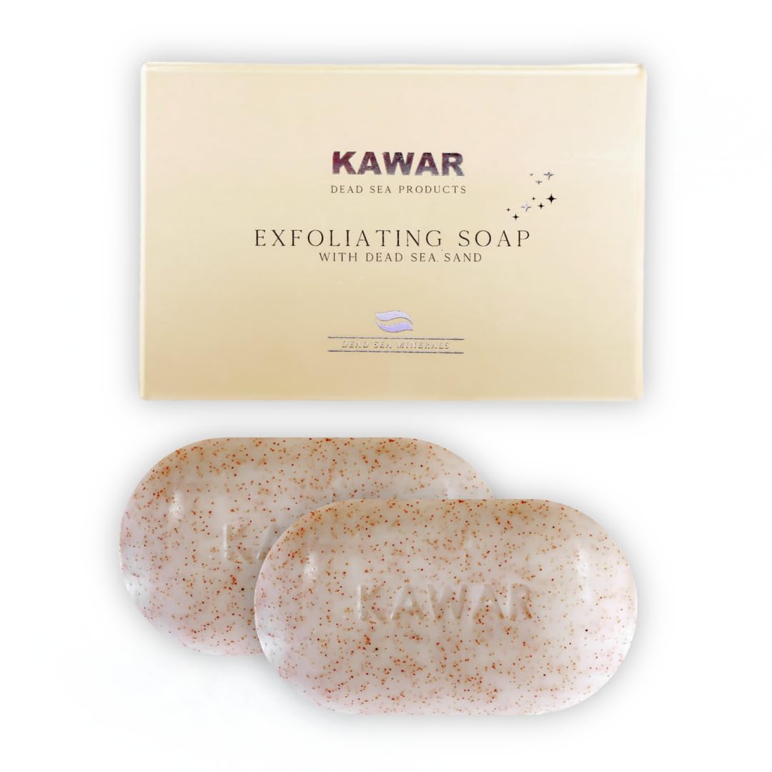 KAWAR Dead Sea Exfoliating Soap with Dead Sea Sand - Salicylic Acid, Magnesium Chloride, Shea Butter, Olive Oil & Tea Tree - Vegan Soap Bar for Men &