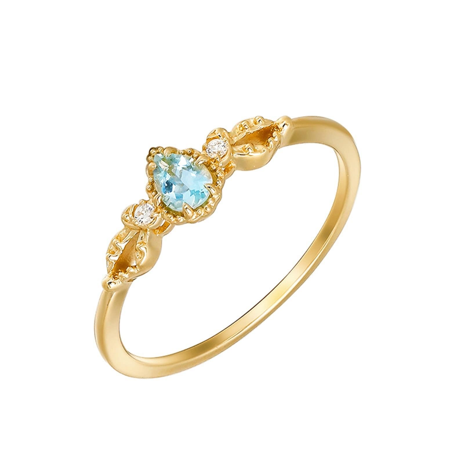 Alianzas de boda de oro amarillo de 9 K/14 K/18 K con gotas azul claro, lagrima