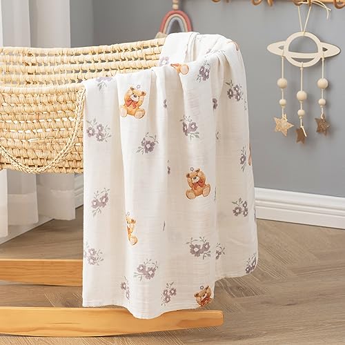 Image of BabyWhale Muslin Swaddle Blanket with Hat and Headband Bow, Flower and Bear Print Swaddle Set for Baby Boys & Girls, Soft Breathable Unisex Receiving Blanket Wrap, 47x47 inches