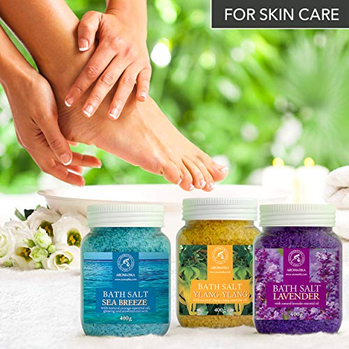 Set with 3 * 400g Bath Salts - Lavender - Sea Breeze - Ylang-Ylang - 100% Natural Essential Oil - Best for Good Sleep - Stress Relief - Bathing - Body Care - Beauty - Relaxation - Spa - Thumbnail 6