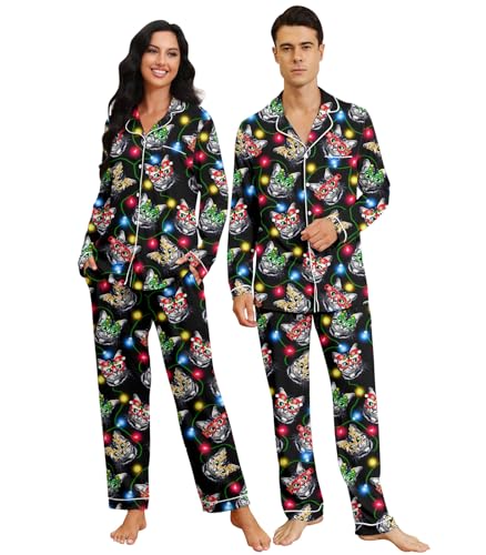 Image of RAISEVERN Couples Christmas Matching Pajamas 2 Piece Women Men Xmas Pjs Soft Pajama Set Long Sleeve Loungewear Warm Sleepwear