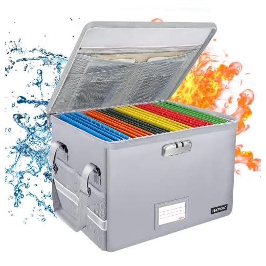 Fireproof Box with Lock,ENGPOW File Box Storage Organizer with Zippers,Collapsible Fireproof Document Box Filing Box with Handle,Portable Home Office Safe Box for Hanging Letter/Legal Folder,Silver