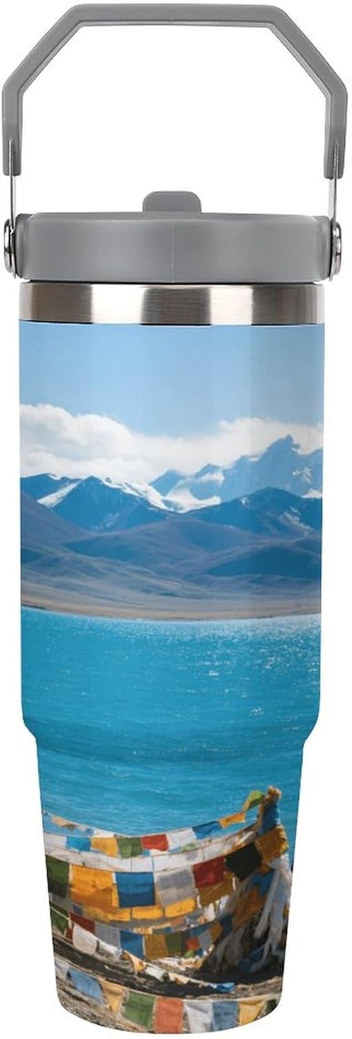 30 Oz Insulated Mug with Handle Lid And Straw Namtso Lake Pattern Large Metal Sports Bottle Great for Gifts Parties Office Coffee