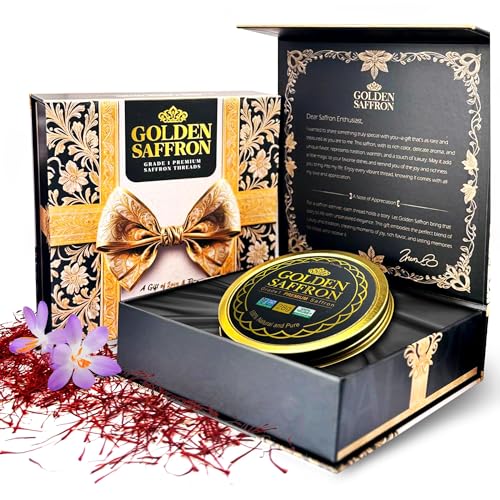 Golden Saffron Luxtury Gift Box, Premium All Red Saffron Threads, Grade A+ Super Negin, Perfect For Any Occasions Non-GMO Verified for Tea, Paella, Rice, Desserts, and Risotto (28.0 Grams Gift Box)