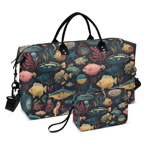 Fish Coral Reef Seahorse Large Travel Duffle Bag Weekender Overnight Bags Gym Yoga Bag for Women Men with Toiletry Bag