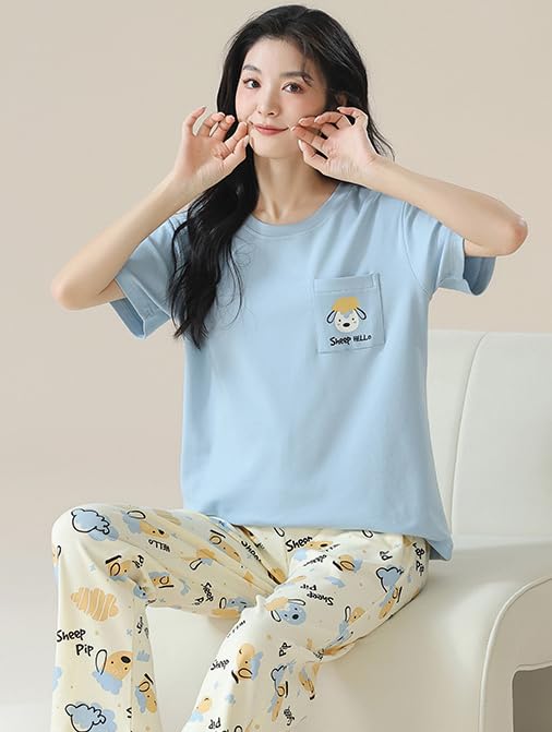 Image of GLASGO Women's Cotton Pajama Set with Top & Pants|| Korean Night Wear|| Loose Fit Home Wear || Lightweight Printed Set || Soft & Comfy Sleepwear for Girls & Women || LNS-4-$