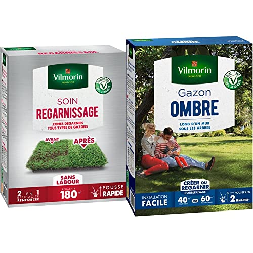 Vilmorin 4466315 Soins Regarnissage Universel 2-en-1, Vert, 3 kg & 4466514 Gazon Ombre, Vert, 1 kg