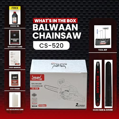 Image of Balwaan Krishi Petrol Chainsaw | 52cc 2-Stroke Engine | 18 inch Guide Bar | 0.55L Fuel Tank | Heavy-Duty Wood Cutting Tool for Farming, Tree Felling, Branch Trimming & Outdoor Use |CS-520