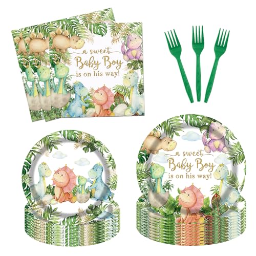Fitumiw 96Pcs Dinosaur Baby Shower Party Tableware Supplies Safari Woodland Plates and Napkins Baby Shower Party Set for Boys Dinosaur Decorations Serve 24 Guests