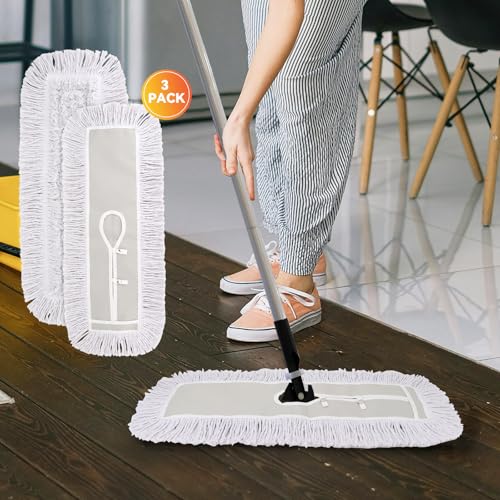 Image of 24 Inch Dust Mop Head: Replacement Medium Washable Commercial Mop Head Sweeper and Janitorial Replacement with Botton (White - 24 Inch, 3 Pack, Botton)