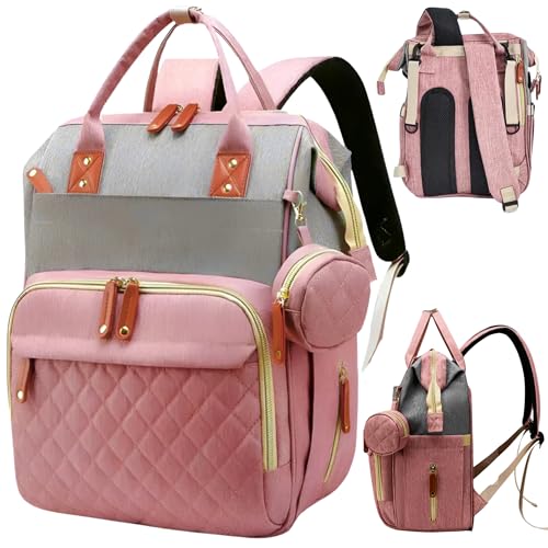 [VÍDEO] Mochila Maternidade Impermeável Grande p/Menina com Bolsos Térmicos para Mamadeira para a Mamãe e o Bebê ROSA com CINZA