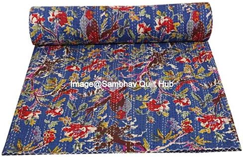 Queen/Twin/King Indian Kantha Blue Bird Home Decor Bed Bohemian Bird Queen Bedspread Handcrafted Handmade Quilt Kantha Bird Print Cover Unique Blanket Bedding Quilt (60X90inch) (90X08 inch)