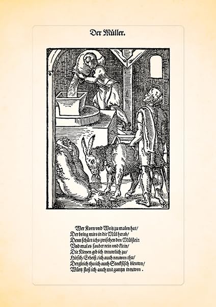 El molino molino harina de trigo salvado Jost Amman Grabado en madera stands 040