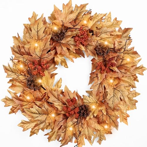 Image of 24in Pre-lit Fall Wreaths for Front Door with 20 Lights & Timer