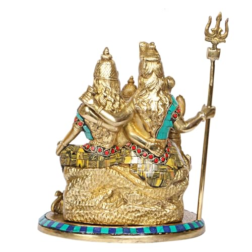 Image of Kartique Brass Shiv Parivar Statue with Multicolored Stonework, 9-Inch Tall, Ideal for Home Decor and Pooja Rooms, Beautifully Crafted Shiva Family Idol