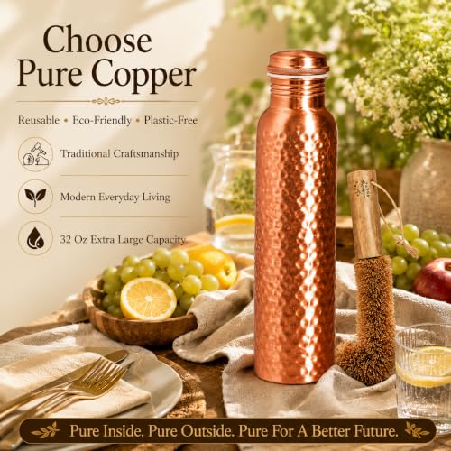 Image of Pure Copper Water Bottle, Copper Drinking Bottle 32 oz, Hammered, Ayurvedic | 100% Pure Copper, Hand Hammered, 32 oz, Leak-Proof Screw Cap, Includes Cleaning Brush, Reusable, Travel-Ready