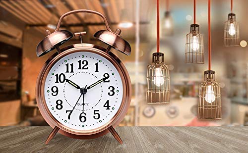 OVEERA Brass Vintage Twin Bell Table top Alarm Clock with Night LED Light Display Copper Alarm Clock for Bedroom Heavy Sleepers Kids and Students
