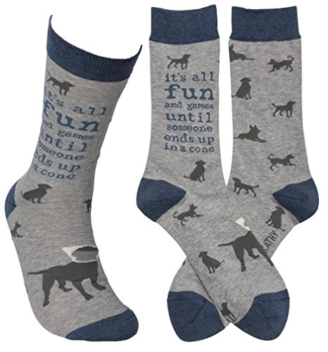 PBK Primitives by Kathy Crew Socks Funny Humorous"Fun & Games" Dog Unisex Adult, Gray, One Size