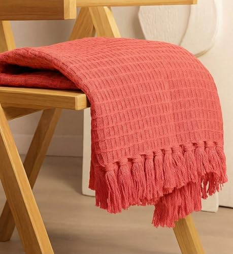 Image of Furnistitchs Bohemian Cotton Sofa Throw Blanket 50x60 inches | Waffle Knit & Chevron Pattern with Fringes | Aesthetic Decorative Couch Throw for Living Room & Bedroom (Coral Peach)