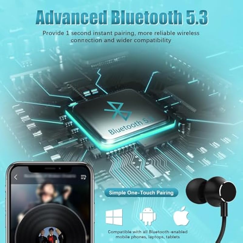 Neckband Bluetooth Headphones, 200H Extra Long Playtime Wireless Stereo Neckband Earbuds with Microphone, Waterproof Balanced Armature Drivers in Ear Headset for Sports/Workout (Cyan Green) Cyan Green 상세이미지 3