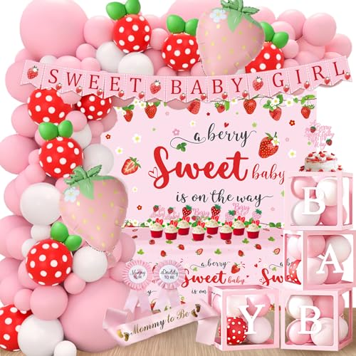 Strawberry Baby Shower Decorations A Berry Sweet Baby Is On The Way Decorations for Girl Its a Girl Gender Reveal Red and Pink Backdrop Balloon Arch Box Tablecloth Cake Topper Party Decor 141pcs