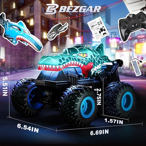 Image of BEZGAR Monster Truck Toys - Remote Control Monster Trucks with Light & Music, Dinosaur Toys for Kids, 1:20 Scale RC Truck with 360 Spins and Drifting, Remote Control Car for Boys with Two Car Shells