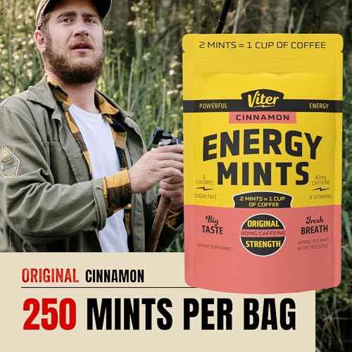 Image of Viter Energy 40mg Caffeine Mints - Sugar Free, B Vitamins, Vegan, Boosts Fast Energized Alert Focus, Caffeinated Nootropic Supplement Pills (Cinnamon Flavor, 8oz, Bulk Bag)