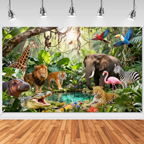 Avezano Jungle Backdrop Jungle Party Decorations Rainforest Animals Banner Wildlife Safari Backdrop Photography (6 x 3.6 ft)