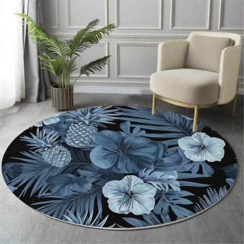 Tapis bleu lavable en machine 160cm rond antidérapant doux