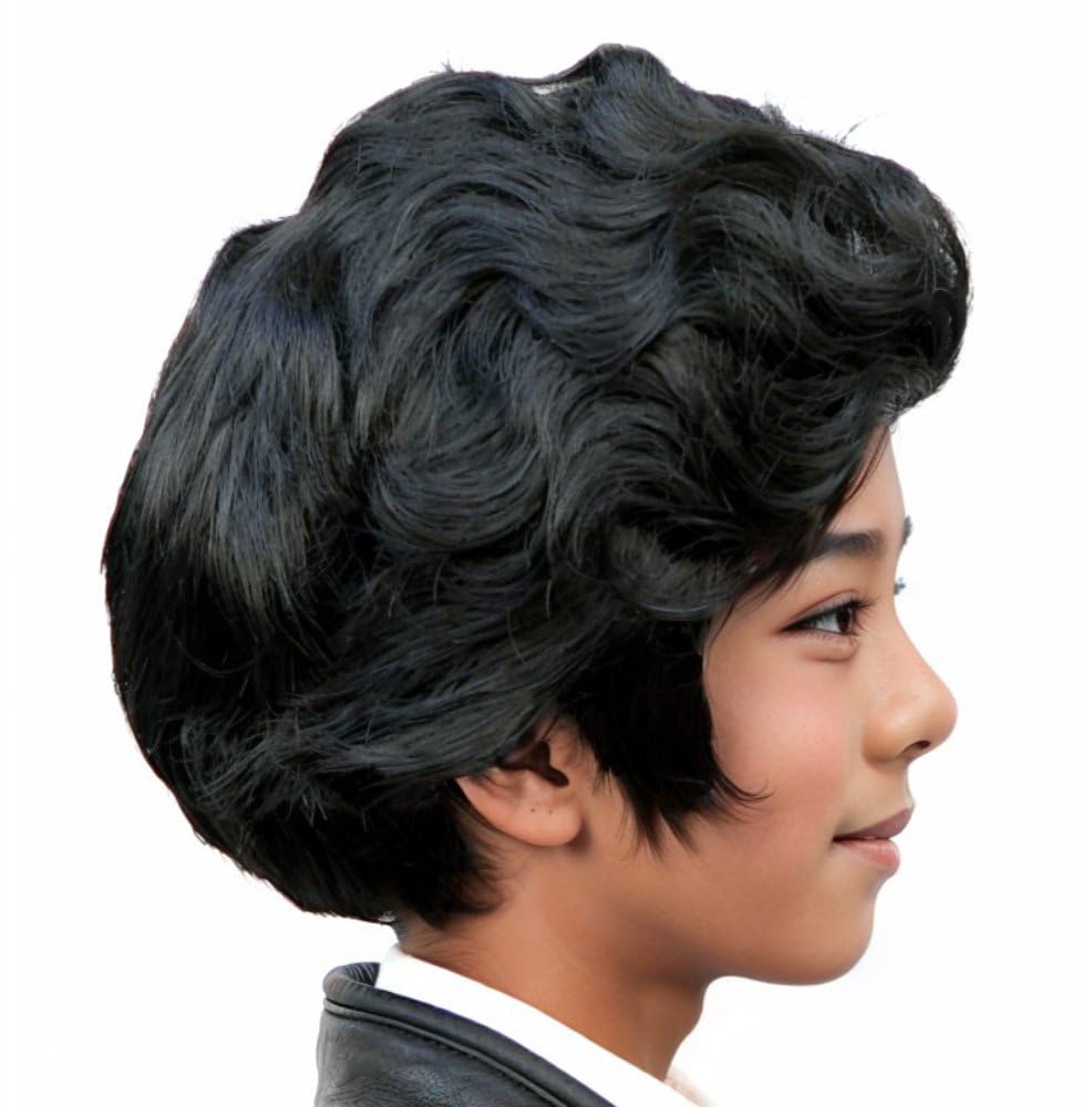 Witty Emporium Black Pompadour Wig with Sideburns Child Boys Kids Costume Hair 50s 60s Rocker Rock Roll Superstar Greaser Accessory Royal Rock Star Legend