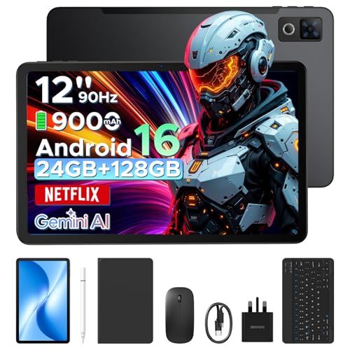 DOOGEE U12 Android 16 tablet, 12 inch FHD+(2000x1200) 90Hz Large Screen, 24GB+128GB/2TB, Gemini AI Octa Core Gaming Tablets, 9000mAh/18W, Widevine L1, 2.4G/5G WiFi, Tablet with Pen,Keyboard,