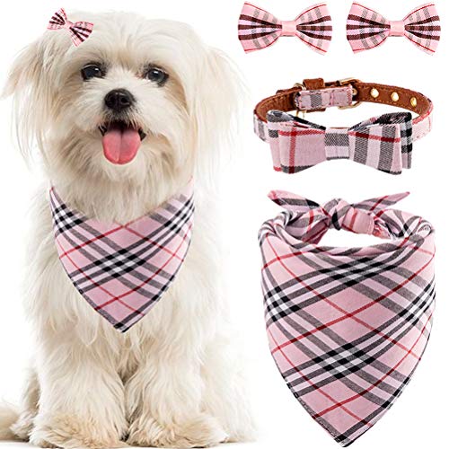 Bow Tie Dog Collar with Bell - Classic Plaid Bandana, Triangle Bibs Scarf