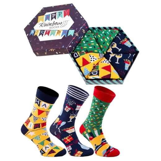 Rainbow Socks - Hombre Mujer Divertidos Calcetines Happy Birthday - 3 Pares - Guirnalda Globos Pastel - Talla 36-40