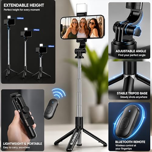Image of Selfie Stick Tripod with Light, Tripod Stand for Phone with Light, 3 in 1 Design Selfie Stand, Rechargeable LED Light with Two Brightness Levels with Bluetooth Remote