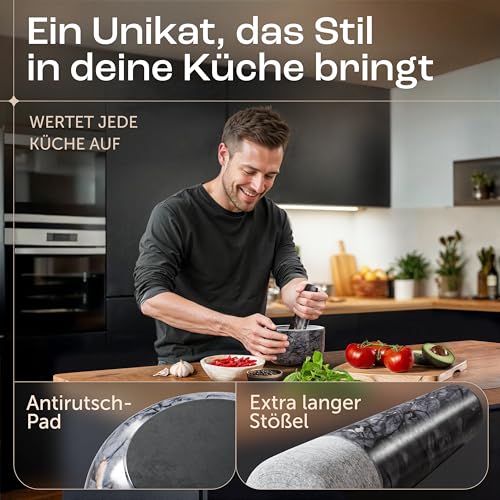 Foto von madeco Mörser mit Stößel Marmor Ø 14 cm - Perfekt geeignet für Gewürze, Kräuter & Nüsse - Steinmörser Set mit praktischem Antirutsch-Pad - Design Marmor Mörser & Stößel groß