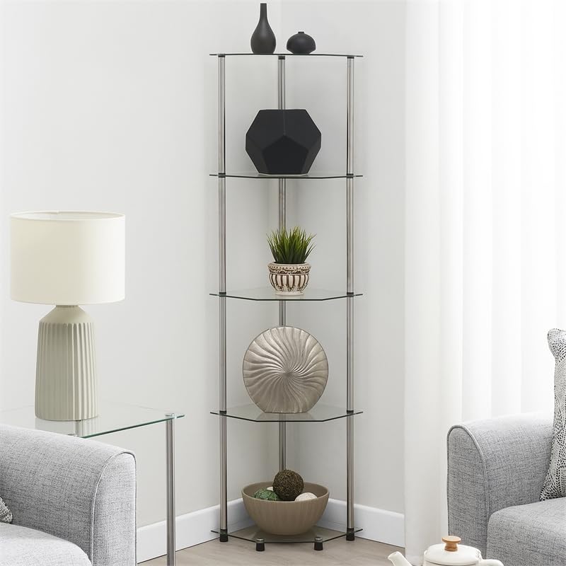 Convenience Concepts Designs2Go Classic Glass 5 Tier Corner Tower 13.75" - Modern Media Storage Bookshelf for Living Room, Display Bookcase for Family Room, Bedroom, Bathroom, Office, Glass/Chrome