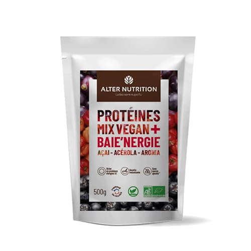 Protéines Mix Vegan Baie’nergie, Alter Nutrition, Mélange de 4 protéines végétales, Chanvre, Courge, Tournesol, Lin, associé à des superaliments Açaï, Acérola, Aronia, origine France, 500g (1kg) Cover