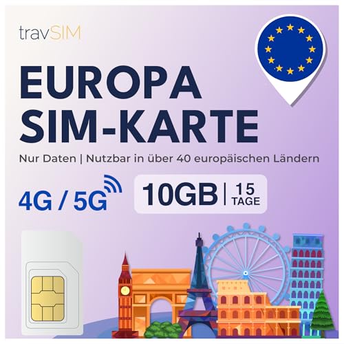 travSIM SIM Karte Europa Internet | 15 Tage - 10GB | SIM-Karte Europa, Deutschland, Frankreich, Spanien, Italien, Niederlande, & mehr | Zugang zu Google, Facebook, Whatsapp & mehr | 0 Roamingkosten