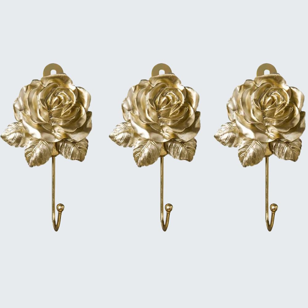 Gold Decorative Wall Hooks for Hanging, Cute Resin Flower Bow Coat Hooks, Vintage Bathroom Rose Towel Hook, Key, Bag, Scarf, Robe, Hat etc for Room Decor (3 Pack Brass Color)