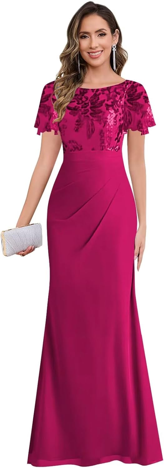 Mollyevers Formal Mermaid Mother of The Bride Dresses for Women with Sleeves Floral Sequin Chiffon Evening Dress