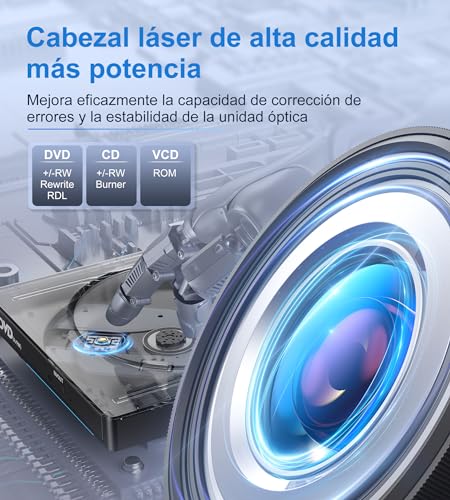 Lector CD/DVD Externo, Grabadora Externa con USB 3.0 y USB-C, Unidades Portátil CD/DVD /-RW/ROM Estable, Lector Tarjetas SD TF y 2 Puertos USB 3.0 para PC/Portátil/Win 11/10/8/7/XP/Vista/MacOS/Linux - imagen 5
