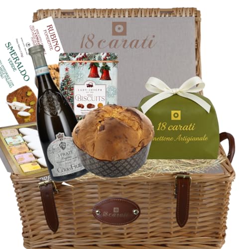 18 Carati | Cesta de regalo navideña | Panettone 1 kg | Lugana Ca dei Frati | Turrón y Calissons 275 g | Galletas de chocolate y pistacho 260 g | Lata navideña Galletas 320 g
