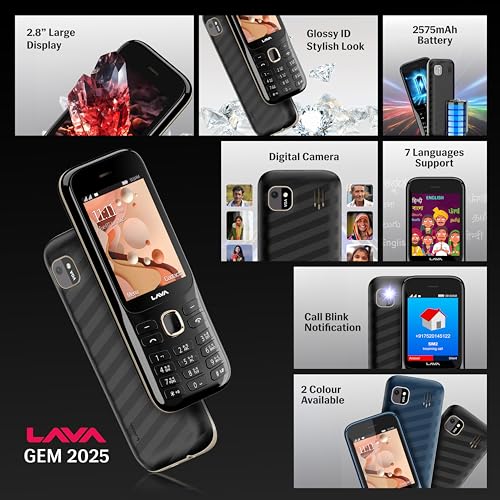 Image of Lava Gem 2025 Dual Sim Keypad Phone (2.8 inch Display, Camera & Flash) | 2575mAh Smart AI Powerful Battery | Wireless FM & Recording | Stereo Speakers | Call Recording (Black Gold)