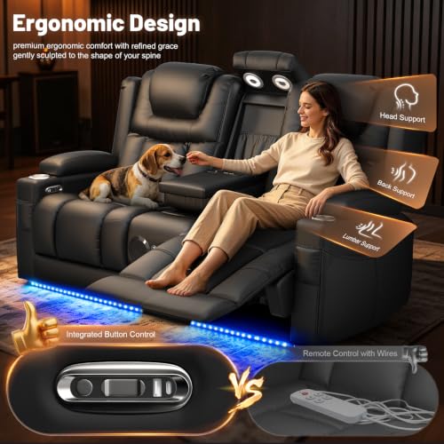 Image of Power Loveseat Recliner Sofa with Console, Wall Hugger Reclining Loveseat with Reading Light, Home Theater Seating with LED Lights, Zero Gravity Recliner Couch for RV Couch and Living Room